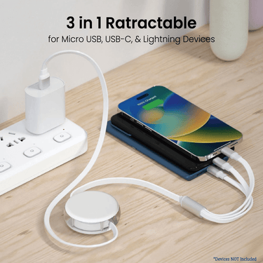 iQuick 3-in-1 Retractable Fast Charge & Date Sync Cable IQTC2301 1.2m - White